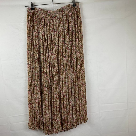 Capezio Floral Maxi Skirt Sz L Tan Pink Pleated Boho Y2K Cottagecore Prairie - Picture 6 of 6